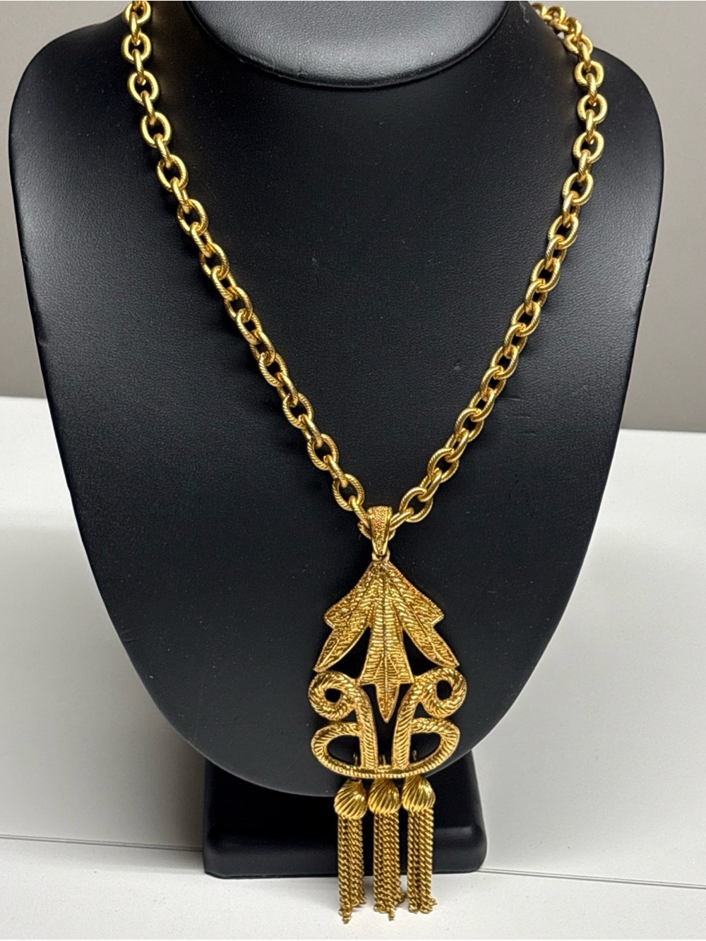 Vintage Carol Dauplaise Gold Tone 24” Long Necklace W/Tassels 4” Costume Jewelry